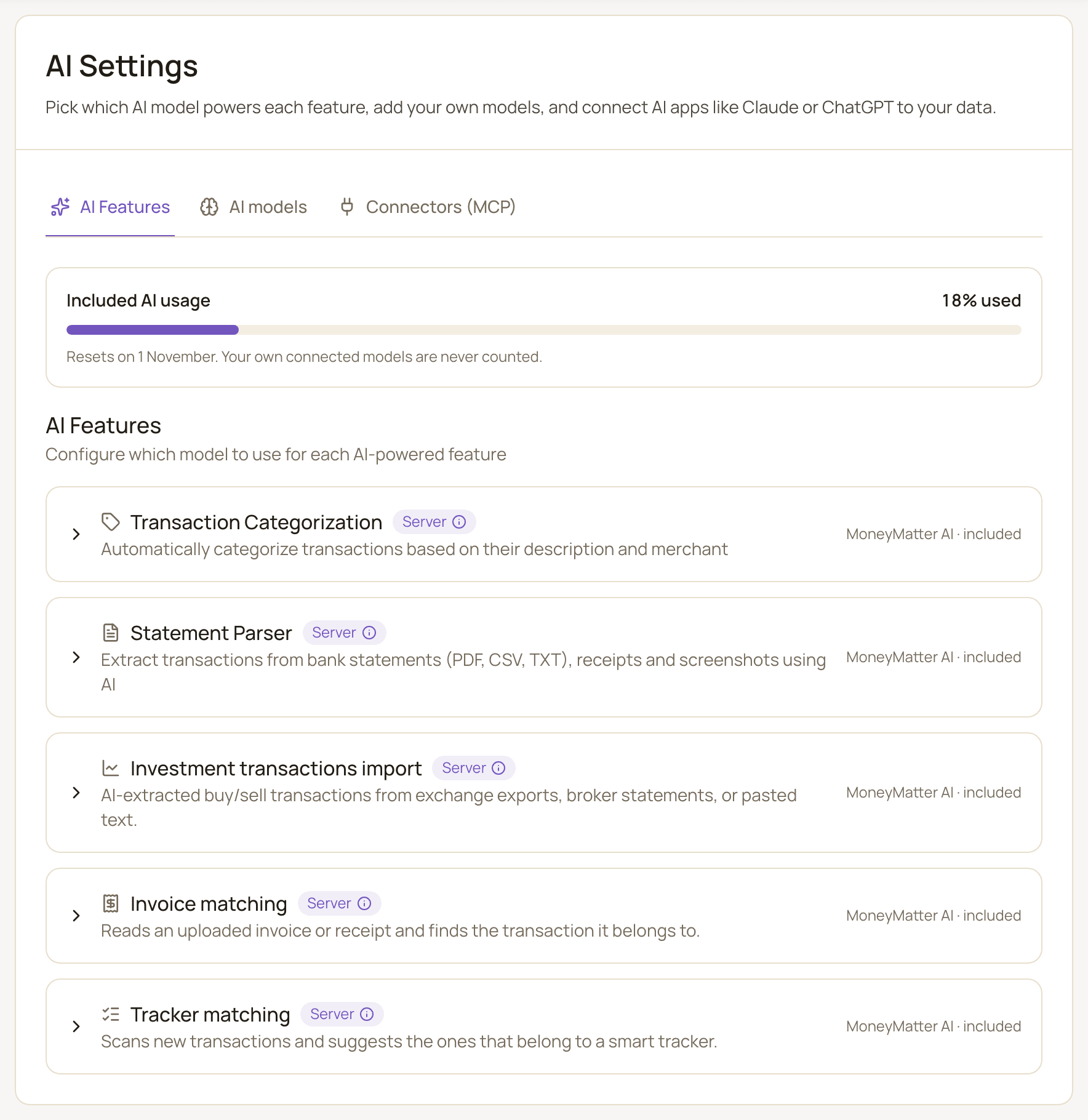 The AI Features tab of AI Settings, with the Included AI usage meter at the top and the list of features, each with the model that powers it.